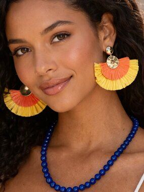 Yellow and Orange Raffia Fan Drop Earrings, new, colourful, summer fun, beach,